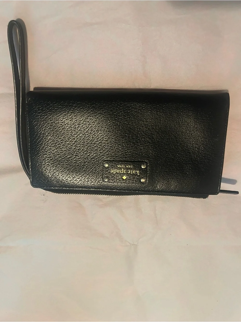 kate spade Black Pebbled Leather Wristlet Clutch with Gold Logo